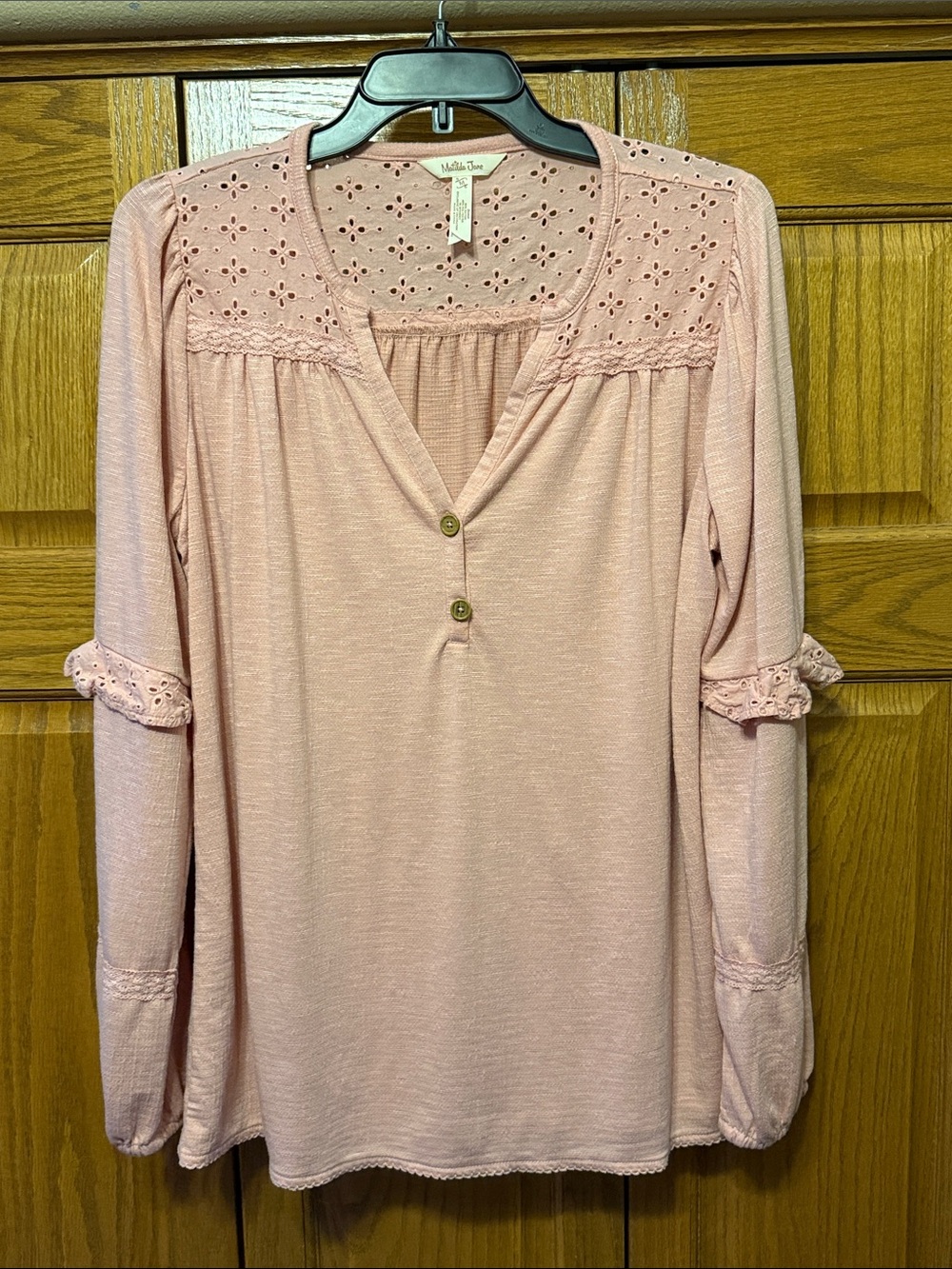 Matilda Jane Pink Eyelet Yoke Henley Top- Medium